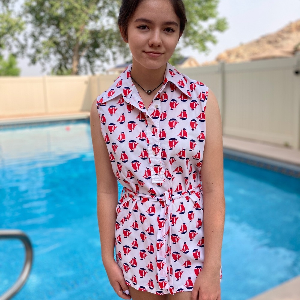 Vintage Sleeveless Belted Tunic with Sailboats